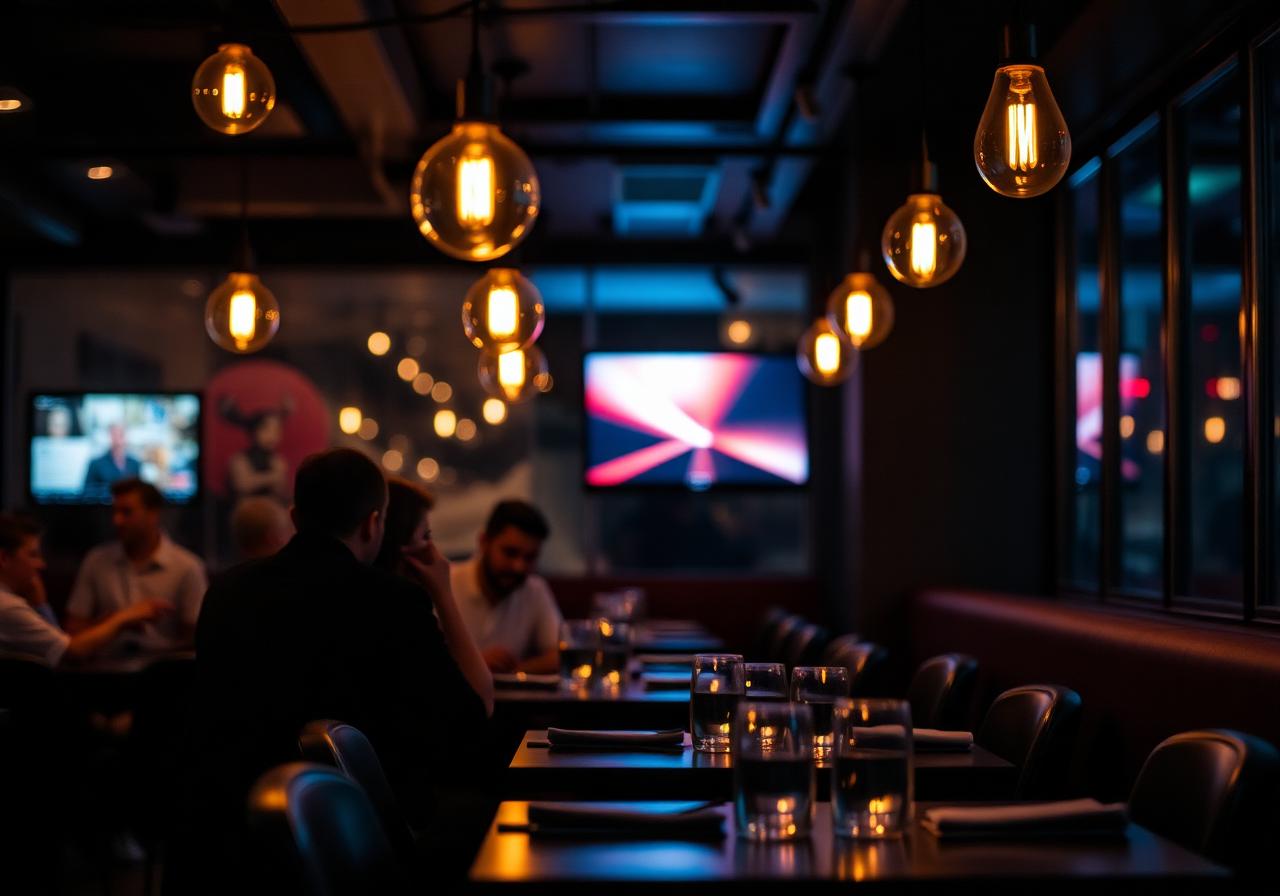 Restaurant interior with digital screen